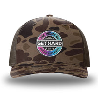 Bark Duck Camo/Brown two-tone WeWorkin hat—Richardson 112PFP snapback, 5-panel trucker, mesh-back style. WE WORKIN custom GET HARD patch made of thermoplastic, lightweight, durable material is centered on the front panels.