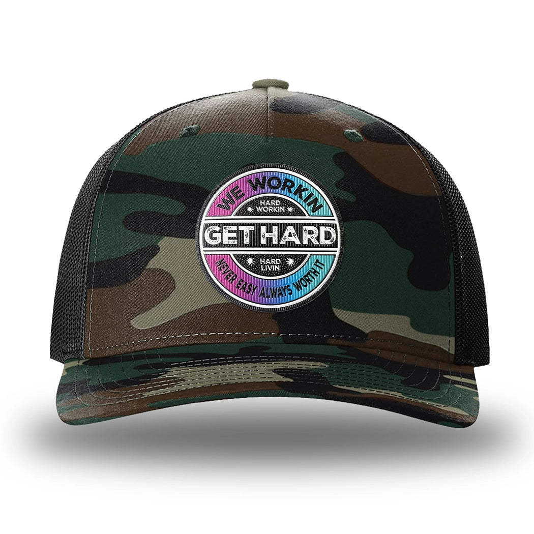 Green Camo/Black two-tone WeWorkin hat—Richardson 112PFP snapback, 5-panel trucker, mesh-back style. WE WORKIN custom GET HARD patch made of thermoplastic, lightweight, durable material is centered on the front panels.