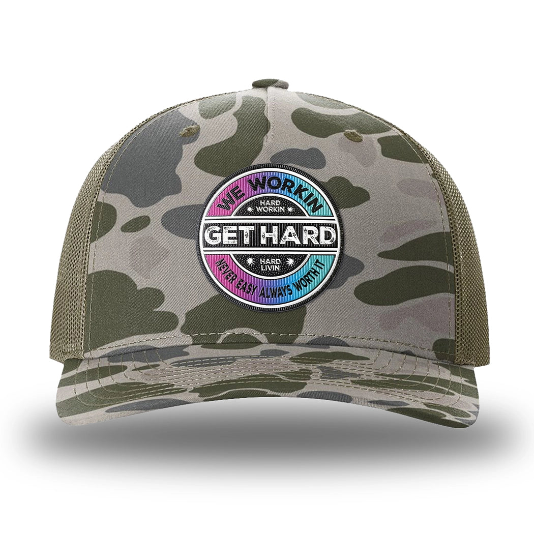 Marsh Duck Camo/Loden two-tone WeWorkin hat—Richardson 112PFP snapback, 5-panel trucker, mesh-back style. WE WORKIN custom GET HARD patch made of thermoplastic, lightweight, durable material is centered on the front panels.