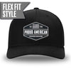 All Black Flex Fit style WeWorkin hat—Woven front with Poly mesh sides and back, Richardson 110 brand (R-Flex trucker). WeWorkin "PROUD AMERICAN" silicone patch is centered on the front panels.
