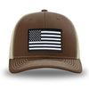 Brown/Khaki WeWorkin hat—Richardson 112 brand snapback, retro trucker classic hat style. AMERICAN FLAG woven patch with black merrowed edge is centered on the front panels.