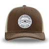 Brown/Khaki WeWorkin hat—Richardson 112 brand snapback, retro trucker classic hat style. "HARD WORKIN. HARD LIVIN." Proud American silicone circle patch is centered on the front panels.