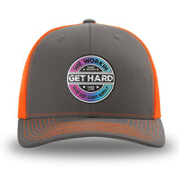 Neon/Safety Orange and Charcoal Grey two-tone WeWorkin hat—Richardson 112 brand snapback, retro trucker classic hat style. WE WORKIN custom GET HARD patch made of thermoplastic, lightweight, durable material is centered on the front panels.