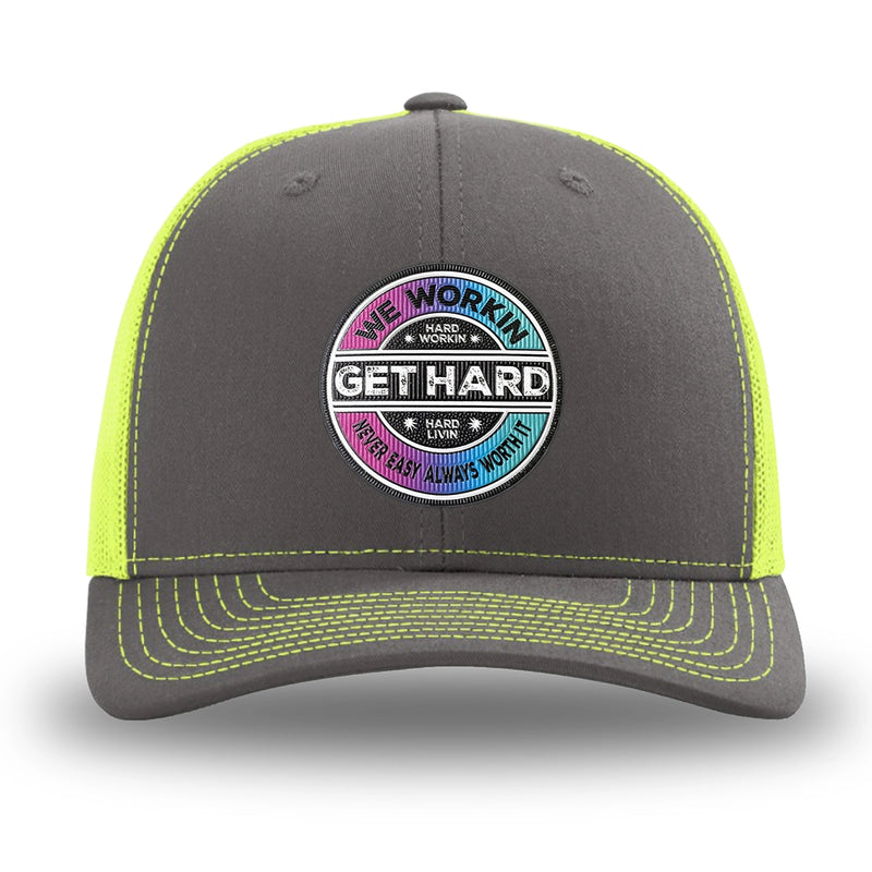 Neon/Safety Yellow and Charcoal Grey two-tone WeWorkin hat—Richardson 112 brand snapback, retro trucker classic hat style. WE WORKIN custom GET HARD patch made of thermoplastic, lightweight, durable material is centered on the front panels.
