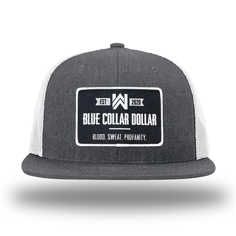 Heather Charcoal/White WeWorkin hat—Richardson 511 brand snapback, flatbill trucker hat style. WeWorkin "Blue Collar Dollar" rectangle patch is centered large on the front panels. 