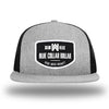 Heather Grey/Black WeWorkin hat—Richardson 511 brand snapback, flatbill trucker hat style. WeWorkin "Blue Collar Dollar" curve-bottom patch is centered large on the front panels.