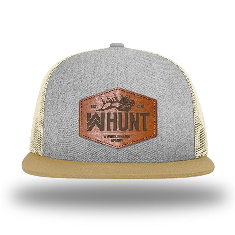 Heather Grey/Birch/Biscuit WeWorkin hat—Richardson 511 brand snapback, flatbill trucker hat style. WeWorkin "WW HUNT" etched leather patch with stitched border is centered on the front panels.