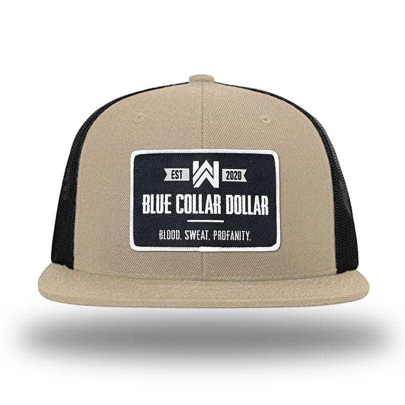 Khaki/Black WeWorkin hat—Richardson 511 brand snapback, flatbill trucker hat style. WeWorkin "Blue Collar Dollar" rectangle patch is centered large on the front panels. 