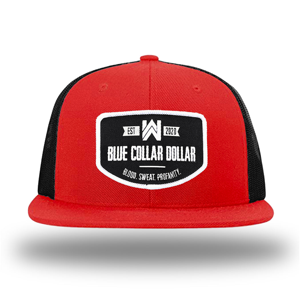 Red/Black WeWorkin hat—Richardson 511 brand snapback, flatbill trucker hat style. WeWorkin "Blue Collar Dollar" curve-bottom patch is centered large on the front panels.