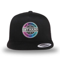 All black, high-profile, WeWorkin hat—snapback, 5-panel classic trucker, mesh sides/back style. WE WORKIN custom GET HARD patch made of thermoplastic, lightweight, durable material is centered on the front panels.