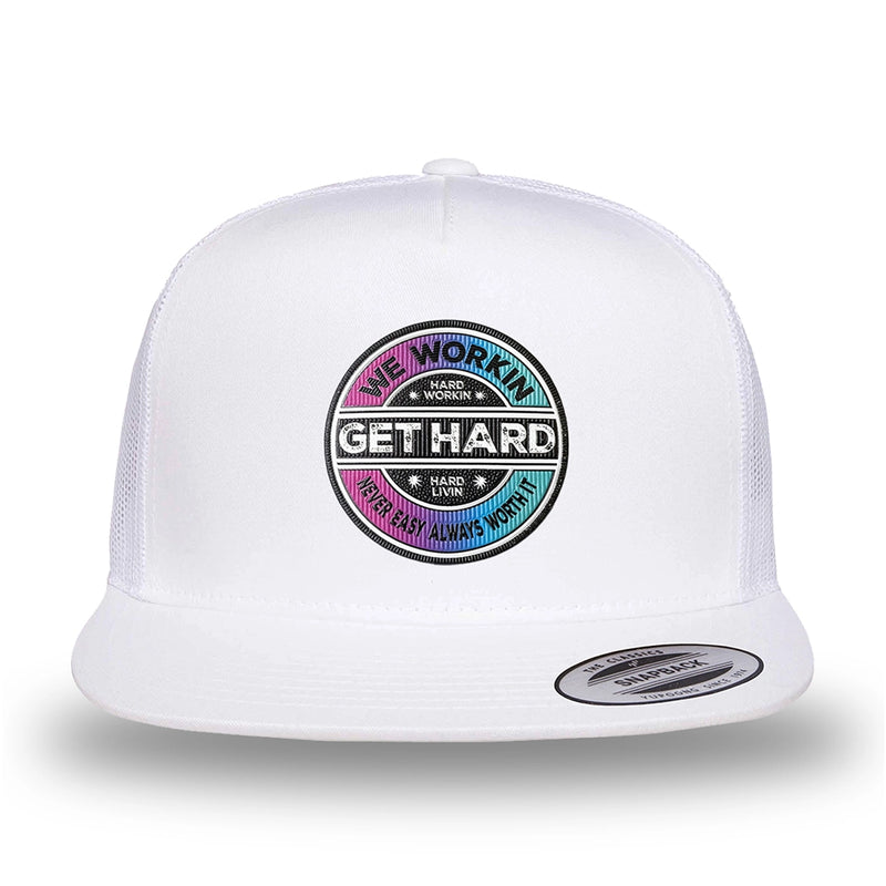All white, high-profile, WeWorkin hat—snapback, 5-panel classic trucker, mesh sides/back style. WE WORKIN custom GET HARD patch made of thermoplastic, lightweight, durable material is centered on the front panels.