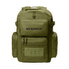 Drab Green tactical backpack pictured from front on white background. WEWORKIN BRAND logo embroidered in black thread on the top front pocket center. Two side zippered accessory pockets with daisy chain, Top front zippered pocket embroidered, Web carry handle, Lower front zippered pocket with daisy chain and loop panel for badges and patches.