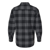The back of a We Workin Brand long sleeve Flannel buttoned shirt in Grey/Black Buffalo Plaid is shown on a white background. Roll-tab sleeves with adjustable cuffs.