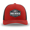 Red/Black WeWorkin hat—Richardson 112 brand snapback, retro trucker classic hat style. WeWorkin black and white "PROUD AMERICAN" silicone patch is centered on the front panels.