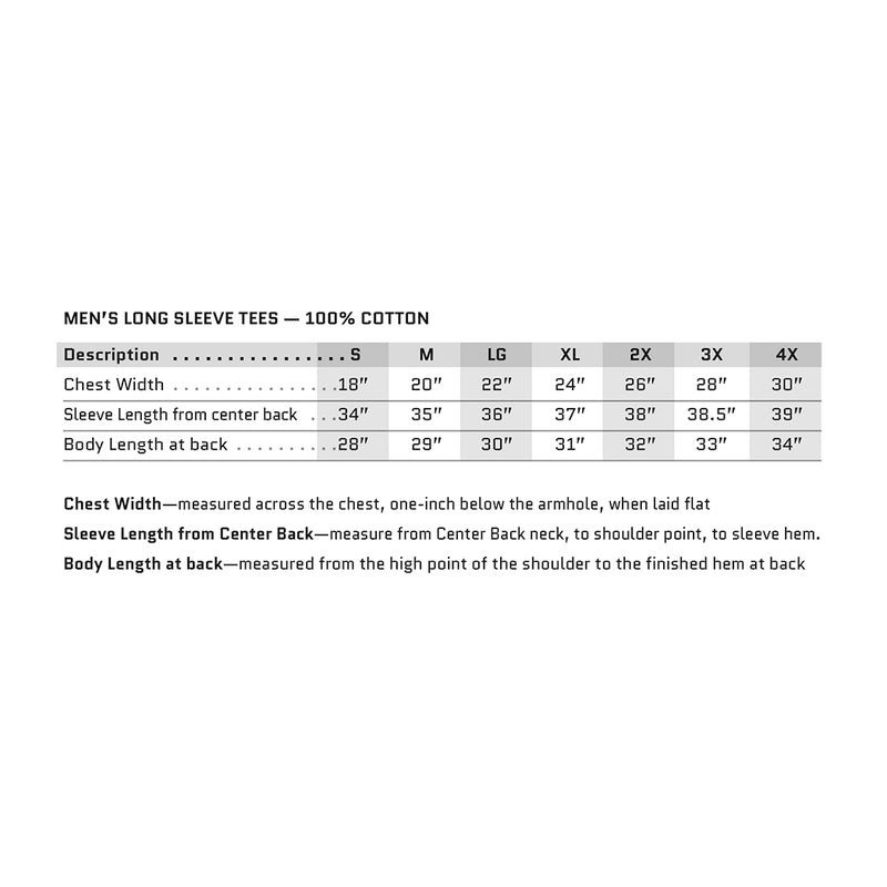 Men's long sleeve tee (100% Cotton) shirt sizing chart. Chest, Sleeve length from center back and Body length at back measurements for sizes SM-4X (from manufacturer's specs.)