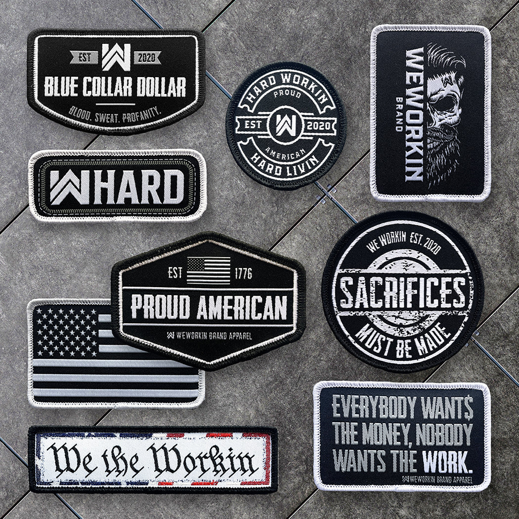[11] WEWORKIN BRAND Velcro backed patches, displayed on a grey tile background. Perfect to place on the WW Tactical Gear bags. All sold separately.