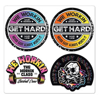WeWorkin custom branded sticker sheet. 1 Sheet includes (4) Die Cut Neon stickers, each with a different graphic or color set—GET HARD. WW Barbell Crew. Never Not Workin Skull. Sheet measures 6.5"W x 6.25"H. Individual stickers are approx. 3"W on longest side.