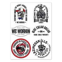 WeWorkin custom branded sticker sheet. 1 Sheet includes (6) Die Cut stickers, each with a different graphic—EVERYBODY WANTS THE MONEY...(ARCH). BLUE COLLAR COWBOY. BORN FREE LIVE HARD. BLUE COLLAR DOLLAR (ARCH). PASSION IS PRICELESS. LAZINESSKILLS (FINGER). Sheet measures 6.5"W x 9"H. Individual stickers are approx. 3"W on longest side.