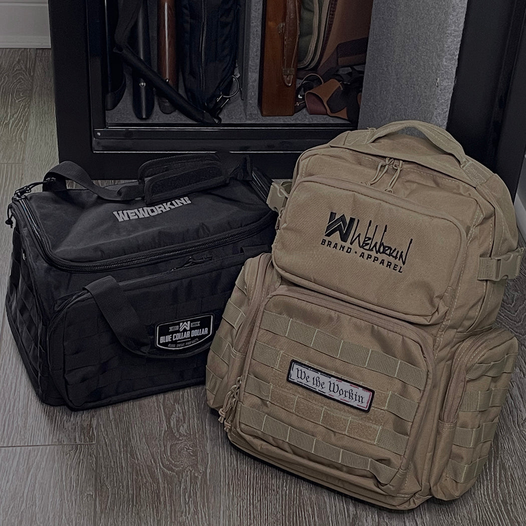 BAGS COLLECTION. WWB Backpack and Range Bag beside an open safe.
