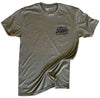 Front of a WW military green tee on a white background. Blue Collar Dollar "Vintage" text graphic is printed small in the left "pocket" area, in black ink.