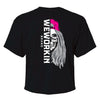 Back of a We Workin Women's short-sleeve cropped tee in Black—with a large imprint of our "WEWORKIN BRAND vertical text and Half Skull Woman with Hat" design in Black/White/Grey (hat graphic highlighted in Bright Pink ink.)