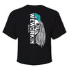 Back of a We Workin Women's short-sleeve cropped tee in Black—with a large imprint of our "WEWORKIN BRAND vertical text and Half Skull Woman with Hat" design in Black/White/Grey (hat graphic highlighted in Teal ink.)