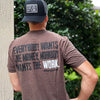 Man pictured from back wearing a WW Dark Brown color Graphic Tee. "EVERYBODY WANT$ THE MONEY, NOBODY WANTS THE WORK" printed in bold on full back width in black ink, except the word WORK is printed in white for emphasis. (WEWORKIN BRAND APPAREL printed small and lower right just below the full back imprint.) Also wearing a WW Small Patch EWTM hat backwards.