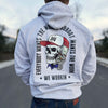 Man pictured from back wearing a WE WORKIN Light Heather Grey hooded sweatshirts with our EWTM-Arch design "EVERYBODY WANT$ THE MONEY, NOBODY WANTS THE WORK" tagline and WE WORKIN text, surrounding a Skull wearing a hat and holding a money bundle to his ear. Skull graphic in color, text in black. Printed on full back.