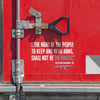 WEWORKIN Second Amendment transfer decal on a red cargo truck door (close up) in white and grey vinyl. "...the right of the people to keep and bear arms, shall not be infringed."—Custom die-cut Direct Transfer decal/sticker.