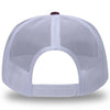 A WeWorkin Foam Trucker Hat in Maroon/White colorway on a white background, pictured from back. Mesh sides/back, lining, sweatband and plastic adjustable snap back are white; visor, front panel and button on top, all match in maroon.