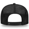 A WeWorkin Foam Trucker Hat in all Black colorway on white background, pictured from back. Fabric under the visor, lining, sweatband, plastic adjustable snap back, and button on top, all match the visor color.