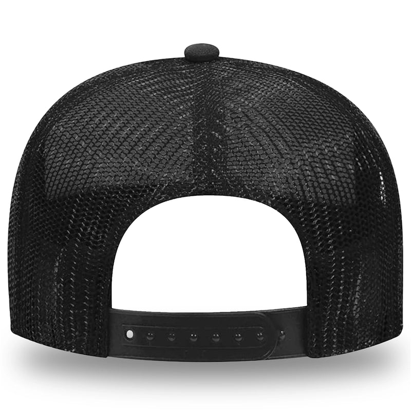 A WeWorkin Foam Trucker Hat in all Black colorway on white background, pictured from back. Fabric under the visor, lining, sweatband, plastic adjustable snap back, and button on top, all match the visor color.