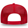 A WeWorkin Foam Trucker Hat in a Red/White colorway on a white background, pictured from back. Matching mesh sides/back, lining, sweatband, top button and plastic adjustable snap back in red.