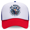 A WeWorkin Foam Trucker Snapback Hat in a red/white/blue colorway, on a white background, pictured from the front. The design features President Trump raising his hand for Patriots in a celebratory Independence theme in the center, and WE WORKIN—SALUTE TO FREEDOM text encircling the center graphic.