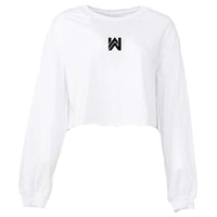 Front of a We Workin women’s cropped long sleeved tee in white, on white background. Small printed WW icon on center chest near neckline, in black ink.