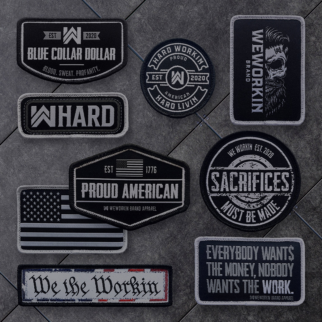 PATCH Collection. Check out all of our patches—various sizes, woven and silicone, velcro-backed!