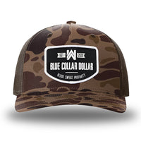 Bark Duck Camo/Brown two-tone WeWorkin hat—Richardson 112PFP snapback, 5-panel trucker, mesh-back style. WeWorkin "Blue Collar Dollar" curved-bottom woven patch is centered on the front panel.