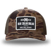 Bark Duck Camo/Brown two-tone WeWorkin hat—Richardson 112PFP snapback, 5-panel trucker, mesh-back style. WeWorkin "Blue Collar Dollar" rectangular woven patch is centered on the front panel.