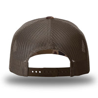 Back view of the Bark Duck Camo/Brown two-tone WeWorkin hat—Richardson 112PFP snapback, 5-panel trucker, mesh-back style. 