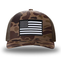Bark Duck Camo/Brown two-tone WeWorkin hat—Richardson 112PFP snapback, 5-panel trucker, mesh-back style. WeWorkin "American Flag" rectangular patch is centered on the front panel.