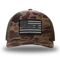 Bark Duck Camo/Brown two-tone WeWorkin hat—Richardson 112PFP snapback, 5-panel trucker, mesh-back style. PRO-2A woven patch with black merrowed edge is centered on the front panel.