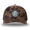 Bark Duck Camo/Brown two-tone WeWorkin hat—Richardson 112PFP snapback, 5-panel trucker, mesh-back style. WeWorkin "SACRIFICES MUST BE MADE" circular woven patch is centered on the front panel.