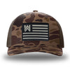 Bark Duck Camo/Brown two-tone WeWorkin hat—Richardson 112PFP snapback, 5-panel trucker, mesh-back style. We Workin Flag rectangular patch is centered on the front panel.