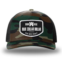 Green Camo/Black two-tone WeWorkin hat—Richardson 112PFP snapback, 5-panel trucker, mesh-back style. WeWorkin "Blue Collar Dollar" curved-bottom woven patch is centered on the front panel.