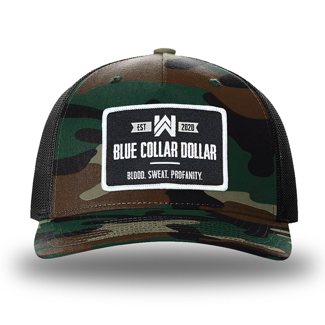 Green Camo/Black two-tone WeWorkin hat—Richardson 112PFP snapback, 5-panel trucker, mesh-back style. WeWorkin "Blue Collar Dollar" rectangular woven patch is centered on the front panel.