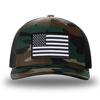 Green Camo/Black two-tone WeWorkin hat—Richardson 112PFP snapback, 5-panel trucker, mesh-back style. WeWorkin "American Flag" rectangular patch is centered on the front panel.