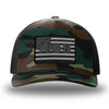 Green Camo/Black two-tone WeWorkin hat—Richardson 112PFP snapback, 5-panel trucker, mesh-back style. PRO-2A woven patch with black merrowed edge is centered on the front panel.