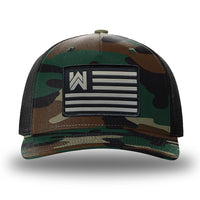 Green Camo/Black two-tone WeWorkin hat—Richardson 112PFP snapback, 5-panel trucker, mesh-back style. We Workin Flag rectangular patch is centered on the front panel.