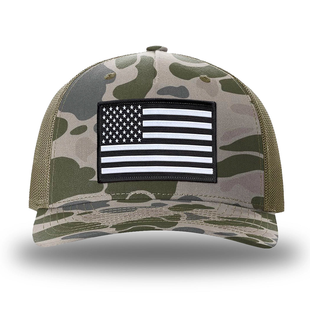 Marsh Duck Camo/Loden two-tone WeWorkin hat—Richardson 112PFP snapback, 5-panel trucker, mesh-back style. WeWorkin "American Flag" rectangular patch is centered on the front panel.