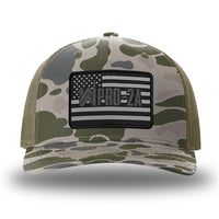Marsh Duck Camo/Loden two-tone WeWorkin hat—Richardson 112PFP snapback, 5-panel trucker, mesh-back style. PRO-2A woven patch with black merrowed edge is centered on the front panel.